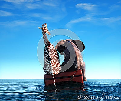 Elephant and giraffe on a luggages in the ocean. Shipwrecked Cartoon Illustration