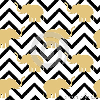 Elephant gold silhouette on abstract black chevron pattern seamless background illustration Vector Illustration