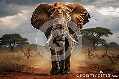 An elephant gracefully walking across the vast savanna, a symbol of strength and serenity. AI Generated Stock Photo