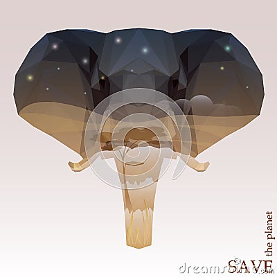 Elephant head with night Savannah view. concept illustration on the theme of protection of nature and animals Vector Illustration