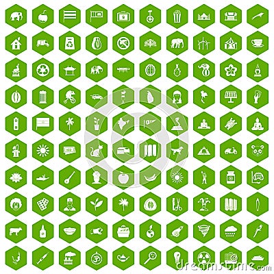 100 elephant icons hexagon green Vector Illustration