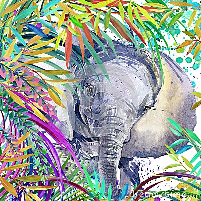 Elephant illustration. Tropical exotic forest, green leaves, wildlife, elephant, watercolor illustration. Cartoon Illustration