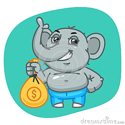 Elephant in Jeans Pants Holding Bag of Money Vector Illustration