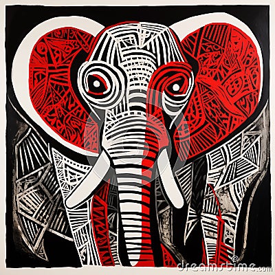 Elephant Linocut Cartoon Illustration