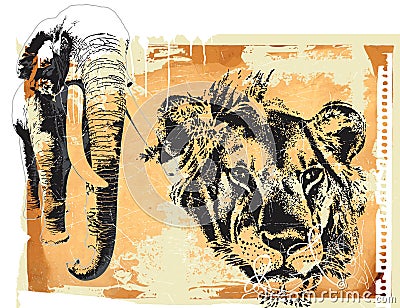 Elephant and lion Vector Illustration