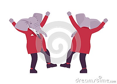 Elephant man, elegant mister, animal head stylish human happy pose Vector Illustration