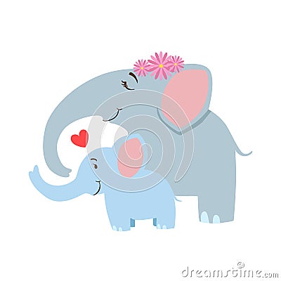 Elephant Mom With Frower Wreath Animal Parent And Its Baby Calf Parenthood Themed Colorful Illustration With Cartoon Vector Illustration