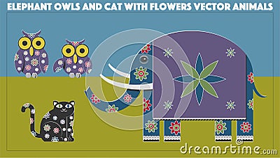 Elephant Owls and Cat Vector Animals Vector Illustration