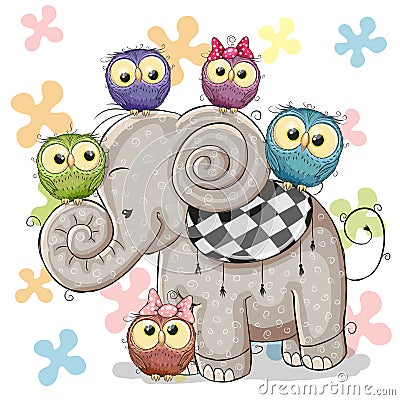 Elephant and Owls Vector Illustration