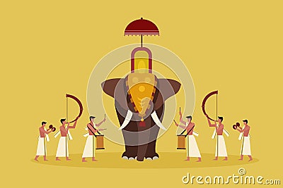 Decorated elephant with people playing percussion instruments Vector Illustration