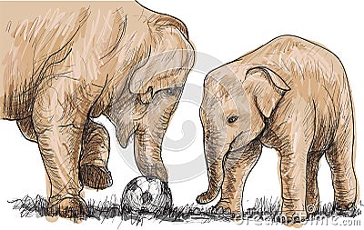 Elephant playing football sketch free hand draw illustration Vector Illustration