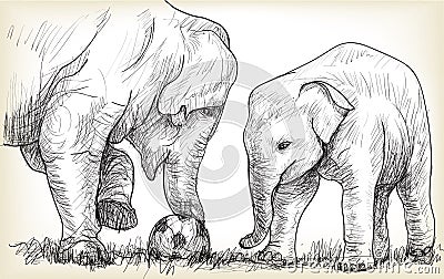 Elephant playing football, sketch free hand draw illustration Vector Illustration