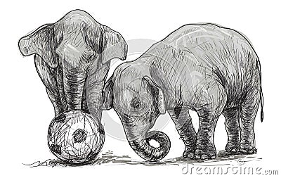 Elephant playing football, sketch free hand draw illustration Vector Illustration