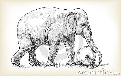 Elephant playing football, sketch free hand draw illustration Vector Illustration