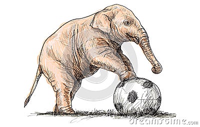 Elephant playing football, sketch free hand draw illustration Vector Illustration