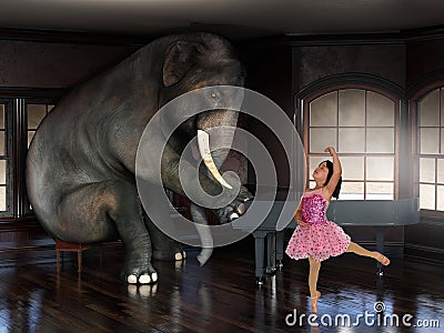 Elephant Playing Piano, Ballet Dancer, Surreal Music Stock Photo