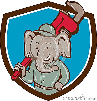Elephant Plumber Monkey Wrench Crest Cartoon Vector Illustration