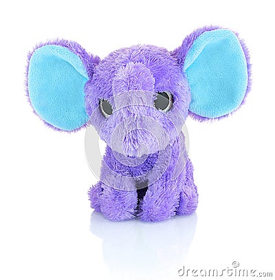 Elephant plushie doll isolated on white background with shadow reflection. Plush stuffed puppet on white backdrop. Stock Photo