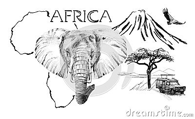 Elephant portrait on Africa map background with Kilimanjaro mountain, vulture and car Cartoon Illustration