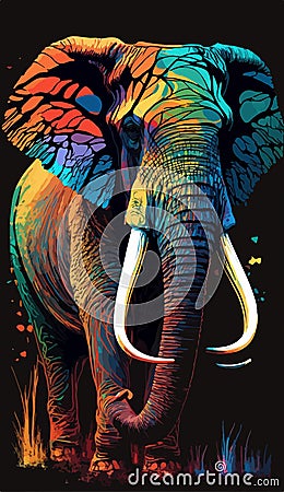 elephant portrait painting in multicolored tones. Conceptual abstract painting of a elephant on the black background on canvas. Cartoon Illustration