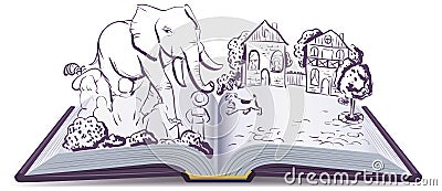 Elephant and Pug story. Illustration open fable book Vector Illustration