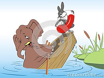 Elephant and rabbit drown in a boat Vector Illustration