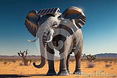 Elephant robot, solar panel on head. Created with Generative AI technology Cartoon Illustration