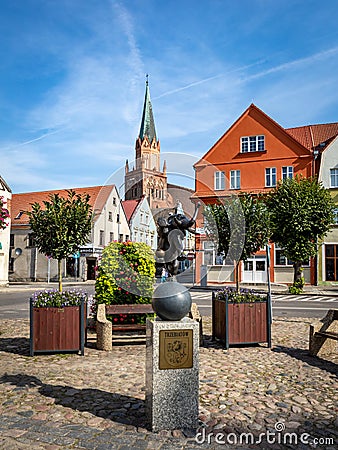 Elephant sculpture in historical city center market square in Trzebiatow, Poland. Editorial Stock Photo