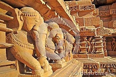 Elephant Sculptures at Khajuraho, India. UNESCO world heritage site. Stock Photo