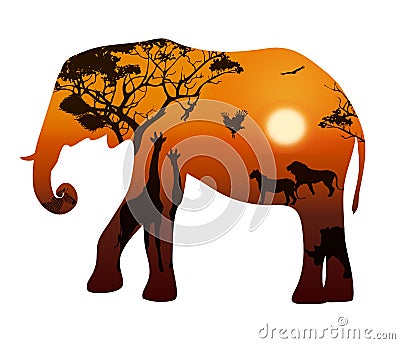 Elephant with silhouettes of animals savanna Vector Illustration