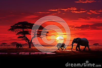 Elephant silhouettes graze in savannah, bathed in the African sunset Stock Photo