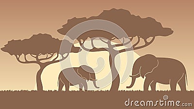 elephant silhouettes on sunset Vector Illustration