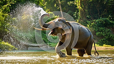 An elephant is splashing water on itself in a river Stock Photo