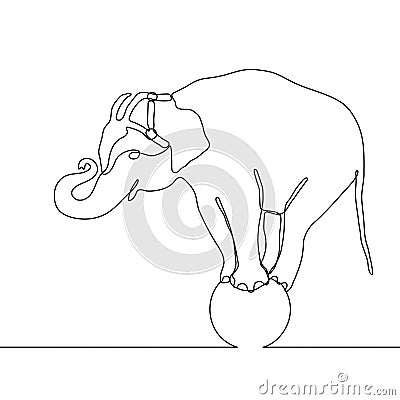 Elephant standing on a ball, continuous one line drawing, circus trick. Black and white vector illustration Cartoon Illustration