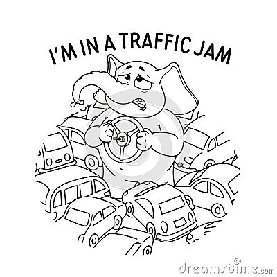 Elephant. Standing in a traffic jam. Steering wheel in hands. A lot of cars. Vector, cartoon. Vector Illustration