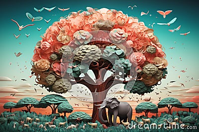 an elephant stands in front of a tree with birds flying around it Stock Photo