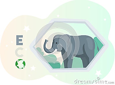 Elephant stands on letter y on abstract background. Save green ecosystem of planet concept Vector Illustration