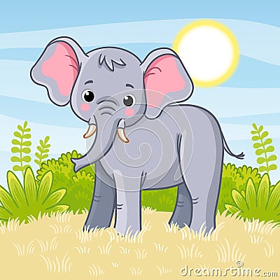 Elephant stands in the savannah. Vector illustration Cartoon Illustration