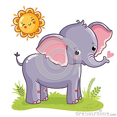 Elephant stands on the sunny meadow. Cartoon Illustration