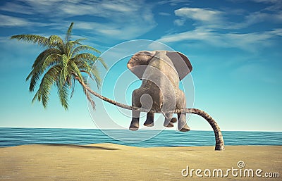 Elephant stands on thin branch of palm tree watching the ocean Cartoon Illustration