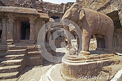 Ellora Caves - India - Elephant statue outside ancient Jain temple Stock Photo