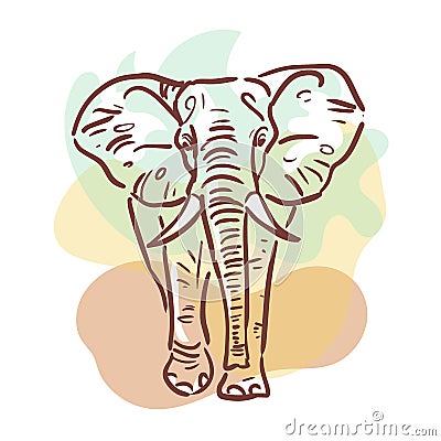 Elephant stays front sketchy line drawing. Hand drawn illustration on colored background. Art of an animal. Vector Illustration