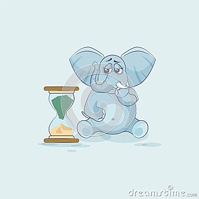 Elephant sticker emoticon sits at hourglass Vector Illustration