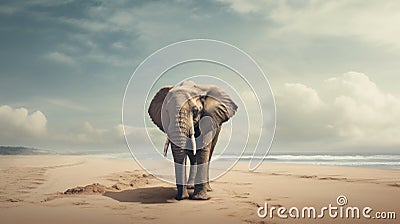 Dreamlike Portraiture: Elephant Walking On Beach Over Ocean Stock Photo