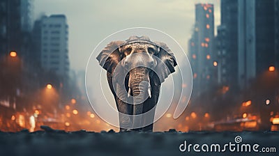 An elephant walks across the street in front of tall buildings, AI Stock Photo