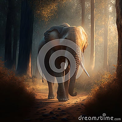 An elephant walks along a forest path. Generative AI Stock Photo