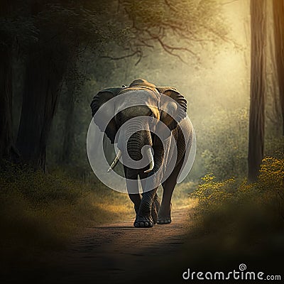 An elephant walks along a forest path. Generative AI Stock Photo