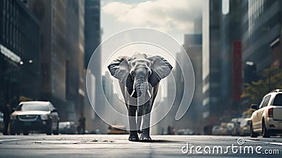An elephant walks down a city street in the middle of traffic, AI Stock Photo