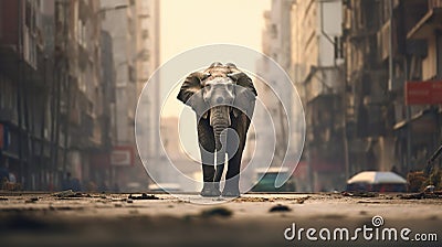 An elephant walks down the street in a city, AI Stock Photo