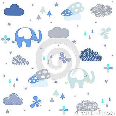 Baby shower seamless pattern with Cute elephant, clouds, butterfly, flowers, mushrooms. Vector Illustration